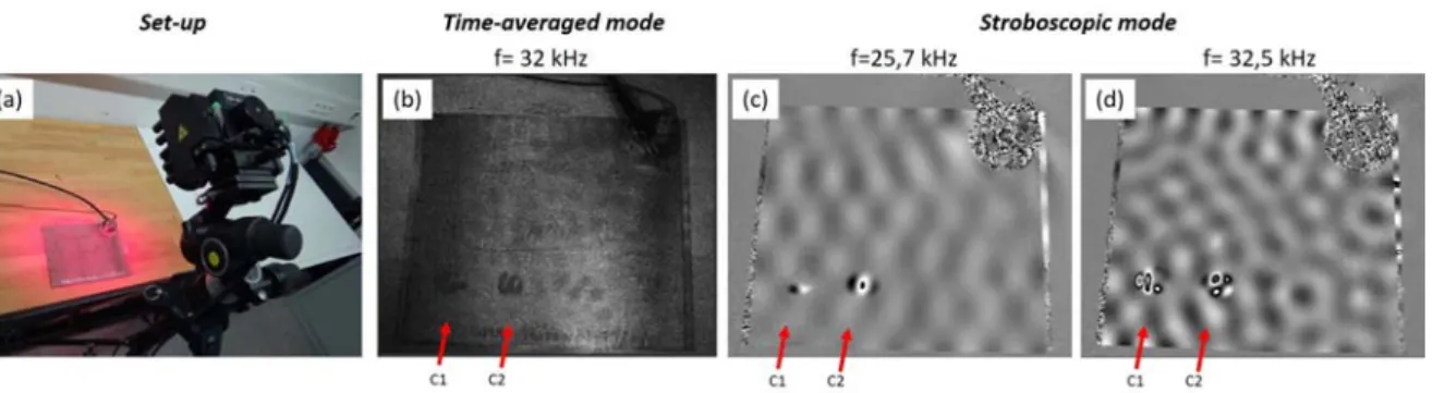 Figure  6.  Shearography  with  vibration  excitation.  (a)  Setup;  (b)  Time‐averaged  mode;  (c,d)  stroboscopic mode. 