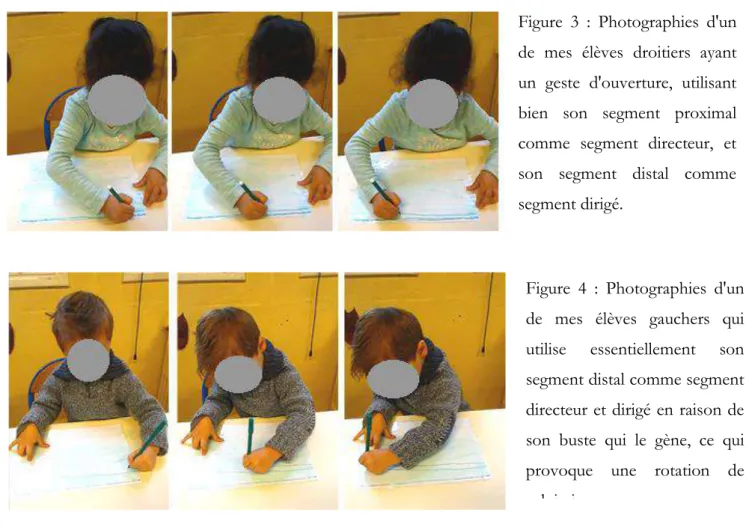 Figure  4  :  Photographies  d'un  de  mes  élèves  gauchers  qui  utilise  essentiellement  son  segment distal comme segment  directeur et dirigé en raison de  son  buste  qui  le  gène,  ce  qui  provoque  une  rotation  de  celui-ci