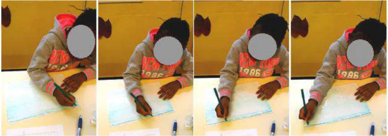 Figure 5 : Photographies d'un élève droitier de ma classe utilisant son segment distal en tant  que segment directeur et dirigé pour écrire