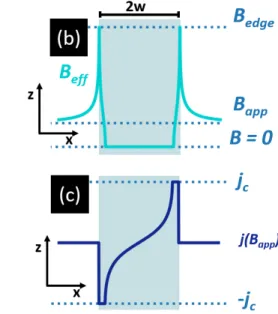 Figure 2.6: Demagnetization eect on a thin lm superconductor (in light blue) with a magnetic eld applied perpendicularly to the sample plane