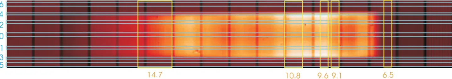 Figure 2. Image of the MIDI detector for one on-sky frame. Spectral information is coded in the horizontal direction (longest wavelength on the left side), while spatial information is in the vertical direction (image of the MIDI slit, 3 arcsecond long)