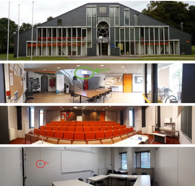 Figure 1. Picture of the Academic Building, from top to bottom: outside view of South façade, ground floor  hall, auditorium 2, seminar 2