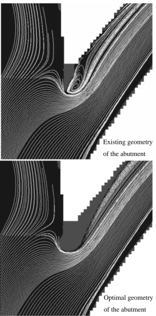 Fig. 4 Flow lines for the existing (above) and optimal  (below) left abutment geometry 