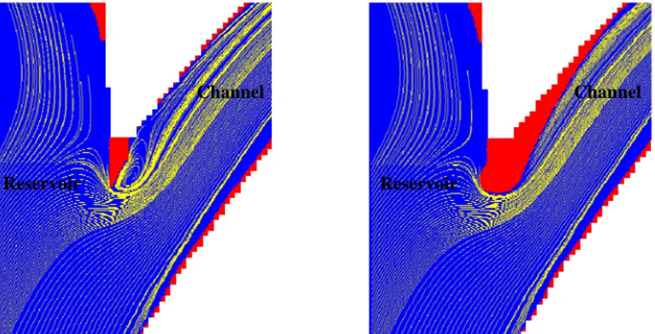 Figure 1: Initial (left) and final solution (right) for the shape of the wall at the entrance of the channel with  streamlines pattern 