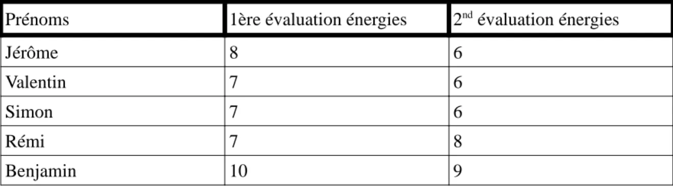 Tableau 2 : Résultats des évaluations sur les énergies.