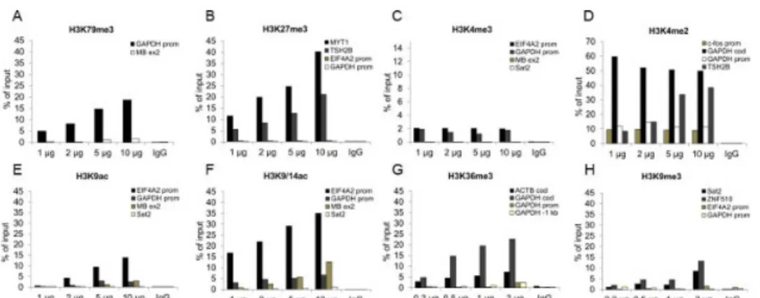 Figure 3. Validation of ChIP-grade antibodies using the automation system. ChIP was performed with anti-H3K79me3, -H3K27me3, - -H3K4me3, -H3K4me2, -H3K9ac, H3K9/14ac, -H3K36me3 and -H3K9me3 rabbit polyclonal antibodies on sheared chromatin from 1 million H