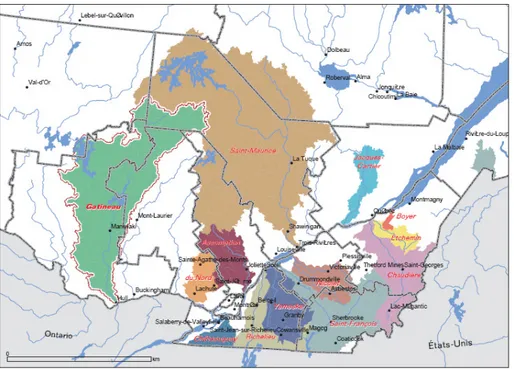 Figure 2. Localisation du bassin versant de la rivière Gatineau par rapport aux limites régionales et  d’autres bassins versant du sud du Québec