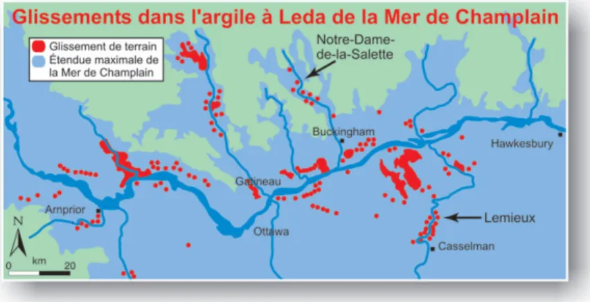 Figure 4. Glissements dans l’argile sur le territoire de l’ancienne Mer de Champlain. 