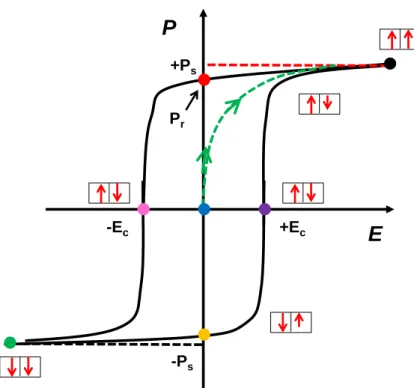 Figure 1.8: Schematic representation of ferroelectric hysteresis loop. Domains are indicated in red arrows.