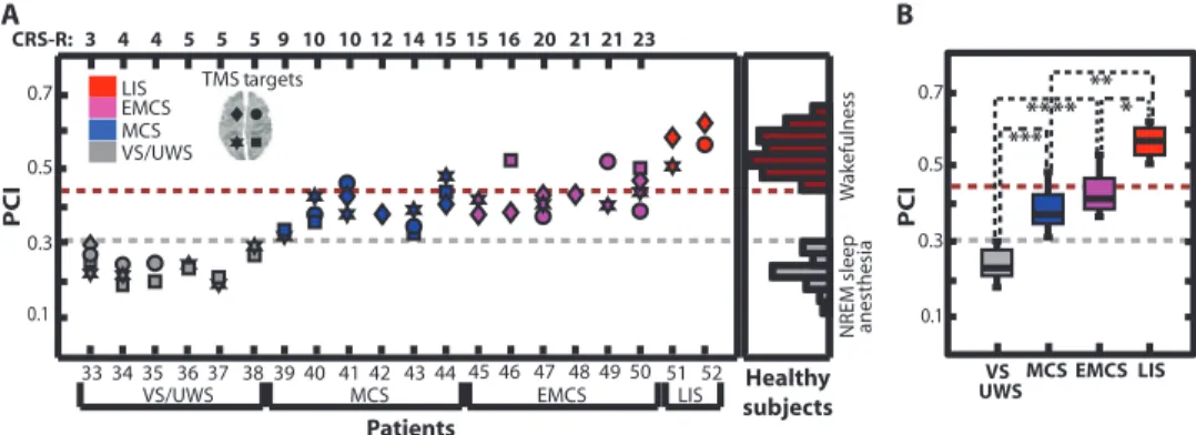 Fig. 5. PCI discriminates the level of consciousness in brain-injured patients. (A) PCI values for 48 TMS sessions collected from 20 severely brain-injured patients (TMS was targeted to both left and right BA08 and BA07, as indicated at top left)
