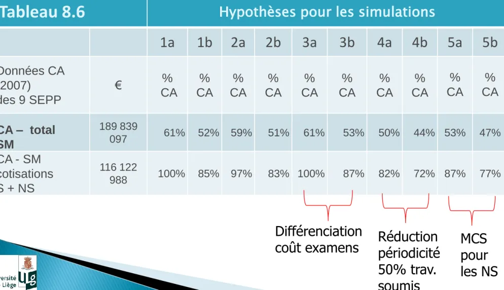 Tableau 8.6   Hypothèses pour les simulations 1a 1b 2a 2b 3a 3b 4a 4b 5a 5b Données CA  (2007)  des 9 SEPP € % CA % CA % CA % CA % CA % CA % CA % CA % CA % CA CA – total SM 189 839 097 61% 52% 59% 51% 61% 53% 50% 44% 53% 47% CA - SM  cotisations S + NS 116