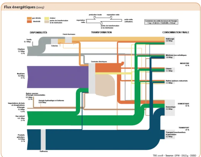 Figure 7.  Flux énergétiques en Région wallonne. Source : Tableau de Bord de  l’Environnement 2008 