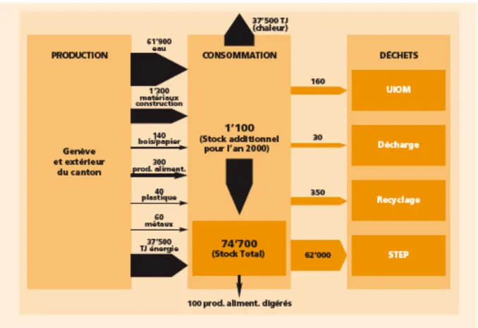 Figure 8.  Métabolisme territorial genevois : principaux flux. Source : Ecologie industrielle  à Genève – Premiers résultats et perspectives, GEDEC (2005)