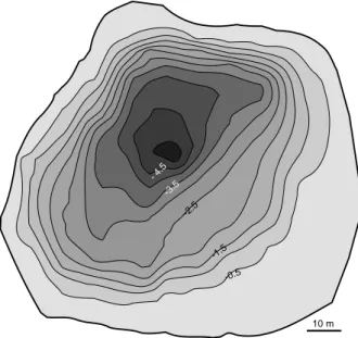 Fig. 32. Carte bathymétrique du Drakolimni du Tymphi (site C). Courbes de niveaux équidistantes de 0.5 m.