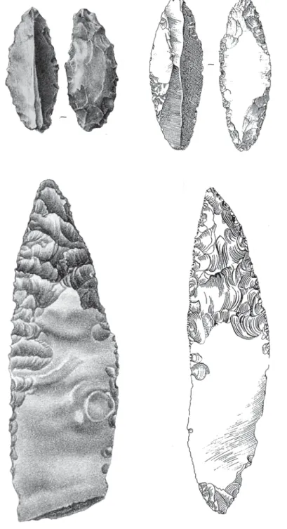 Fig. 9 – Le « mystère » des pointes foliacée,  inter médiaires entre Moustérien ﬁnal et  Auri-gnacien dans le Nord-Ouest, fut déjà abordé  par É