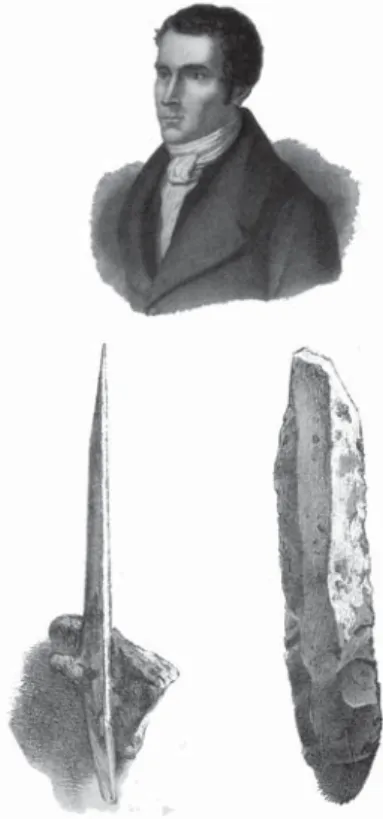 Fig. 2 – Les fouilles menées par P.-C. Schmerling (en haut, d’après  Leguèbe et Cahen, 1986) entre 1820 et 1830 suscitèrent la création d’une  chaire de paléontologie à l’université de Liège (fondée en 1817)