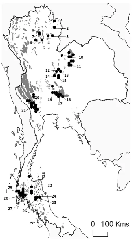 Figure  1:  Sampling  locations  of  this  study.  Shaded  areas  represent  the  distribution  of  limestone  karsts  in  Thailand