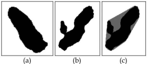 Fig. 11. Pixel groups with nearly convex (a) and concave shapes (b), convex hull of a concave  shaped pixel group (c)