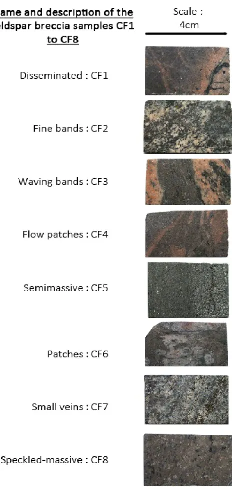 Figure 17 : Name, description and pictures of feldspar breccia samples CF1 to CF8 (Lund C