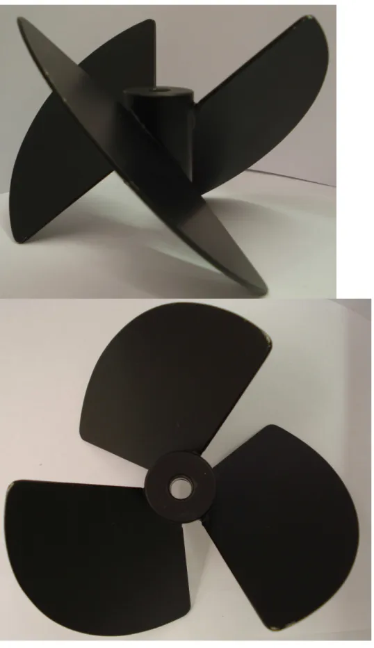 Figure 2:   Impellers design: (a-b): TTP Mixel, (c-d): A315 Lightnin, (e-f): A310 