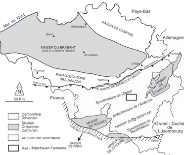 Fig. 3.  Situation  de  la  carte  54/7-8  dans  le  cadre  géologique  de  la  Belgique
