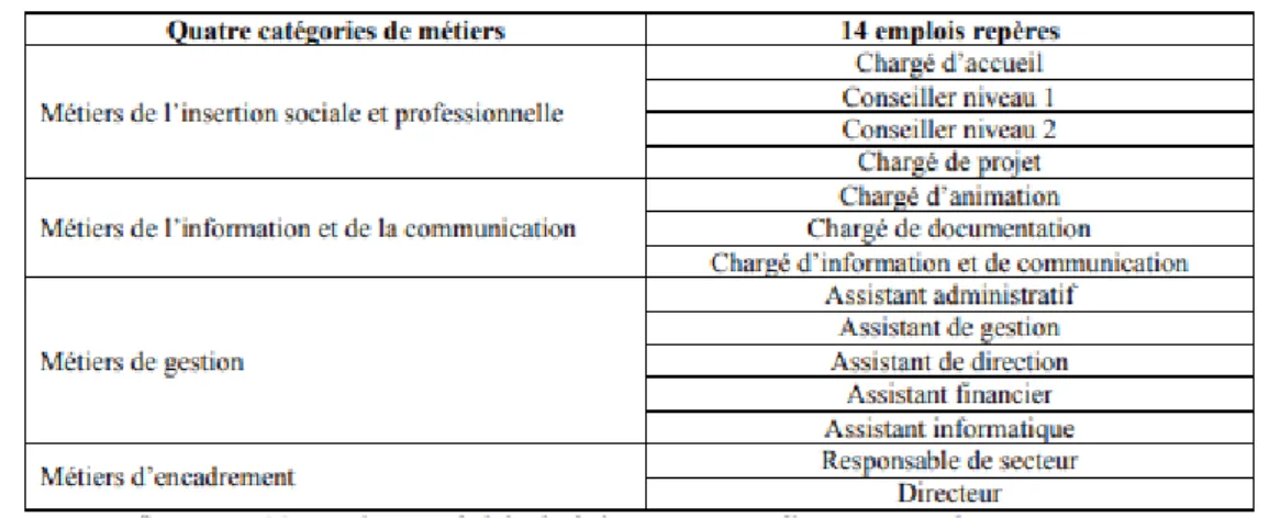 Figure n°     3:     Classification des activités des Missions Locales par catégories d’emploi et niveaux (« emplois-repères »), selon la convention nationale des Missions Locales de Février