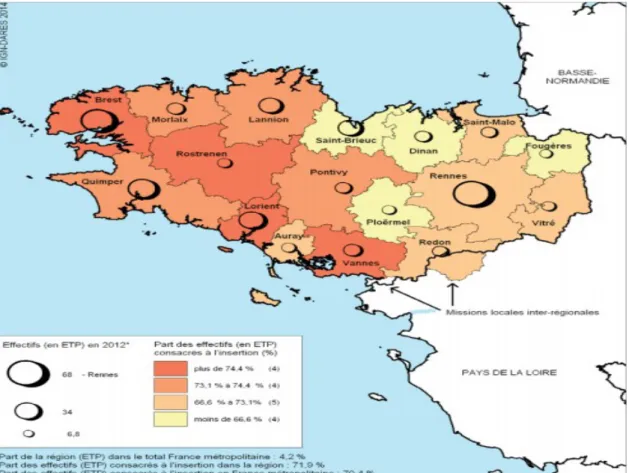 Figure n° 16:  Représentation des effectifs équivalents temps-pleins (ETP) en Bretagne en 2012 (DARES)