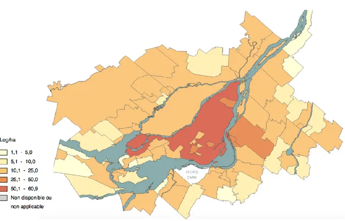 Figure  1.1 Densité résidentielle brute totale de la communauté métropolitaine de Montréal en 2009  (Tiré de : CMM, 2015b) 