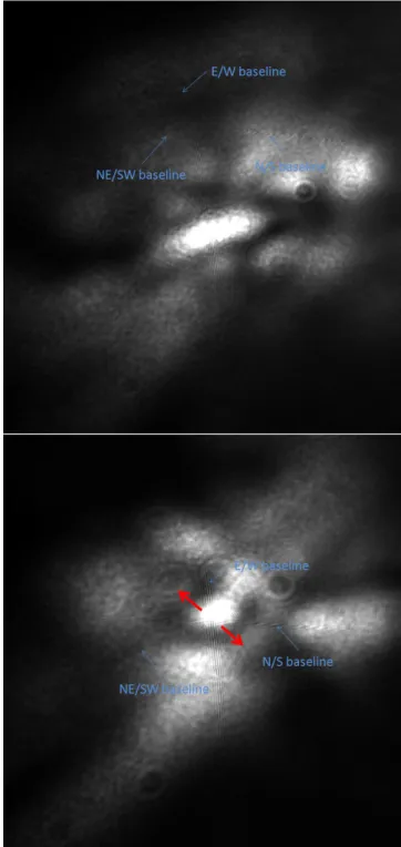 Fig. 11. Fringes from the three baselines. Top, 50 μm piston error on the N primary mirror