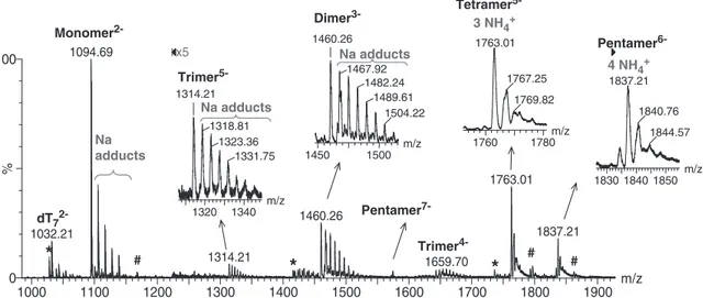 Figure 2. Identiﬁcation of all intermediates: 80 mM dTG 5 T monomer, 10 mM dT 7 internal standard, water/methanol 90/10, sum of all scans from 0 to 80 min after 150 mM NH 4 OAc addition