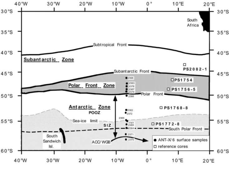 Figure 1a: Map showing the location of the sampled sites (solid circles) and the reference cores (open squares)  studied  by  Frank  et  al