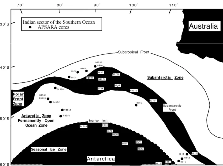 Figure 1b: Map showing the location of the sediment sampling sites in the Indian sector of the Southern Ocean