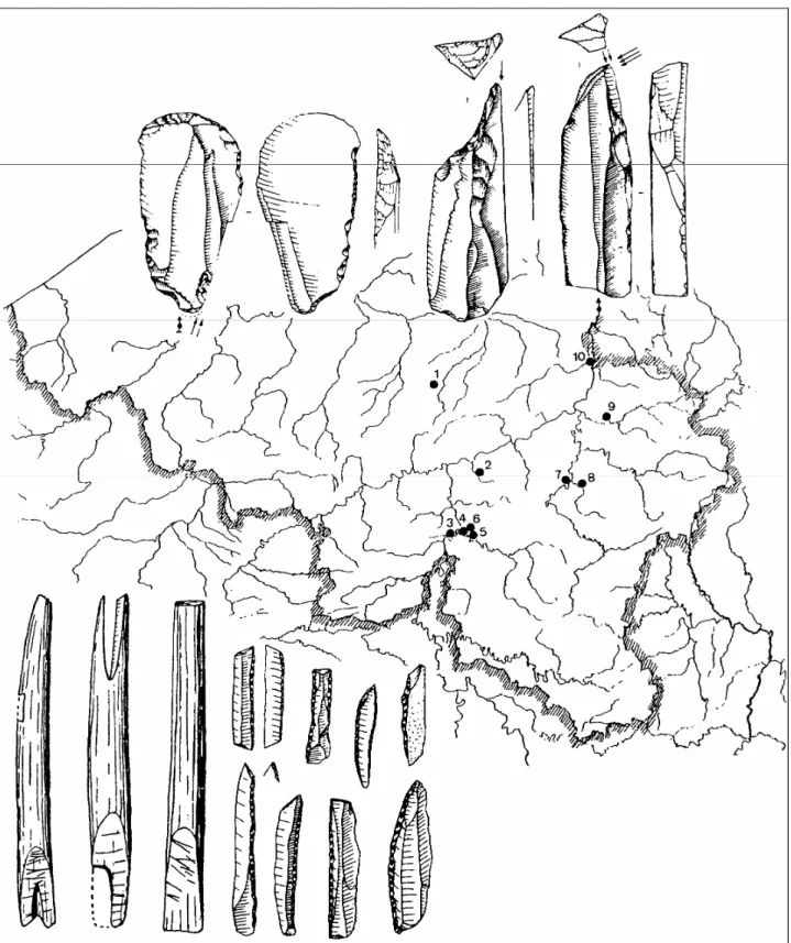Fig. 12.2. La Belgique présente deux catégories d’occupations magdaléniennes, réparties selon le paysage: sur les  plateaux, les sites d’extraction sont dominés par les burins et grattoirs; dans les abris naturels, par les armatures de  chasse (en haut, Ka