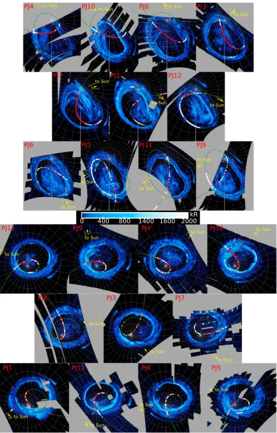 Figure 4. Polar projection of the far-ultraviolet aurora for the northern (top part) and southern hemispheres (bottom part)