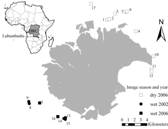 Fig. 1. Location of the different sampling sites around the municipality of Lubumbashi (shown in grey)