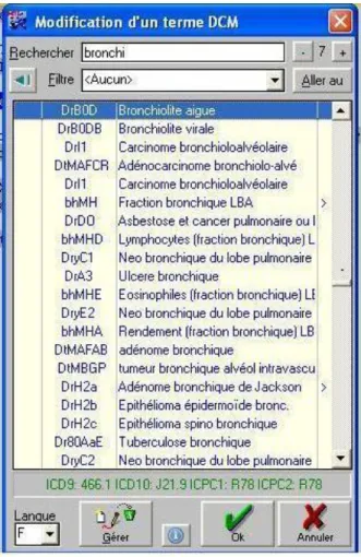 Figure 1 Lexique DCM, recherche des termes commençant par BRONCHI Le code choisi DrBOD Bronchiolite aigue  correspondant à plusieurs codes (en vert au bas de la figure)   