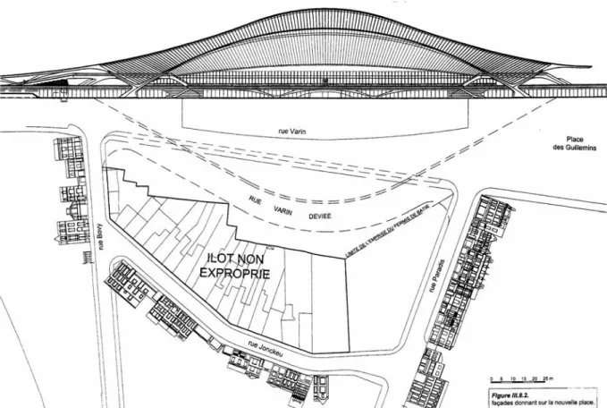 Figure  1  –  La  gare  TGV  dessinée  par  Calatrava  et  son  contexte  immédiat  –  source : Etude d’incidence sur l’environnement réalisée par le bureau Pissart