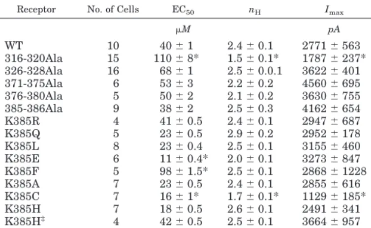 Fig. 2. Expression and localization of Lys385 mutants overexpressed in HEK cells. A, the Western blots were obtained from HEK cell lysates expressing the WT and mutant versions of ␣ 1 GlyR