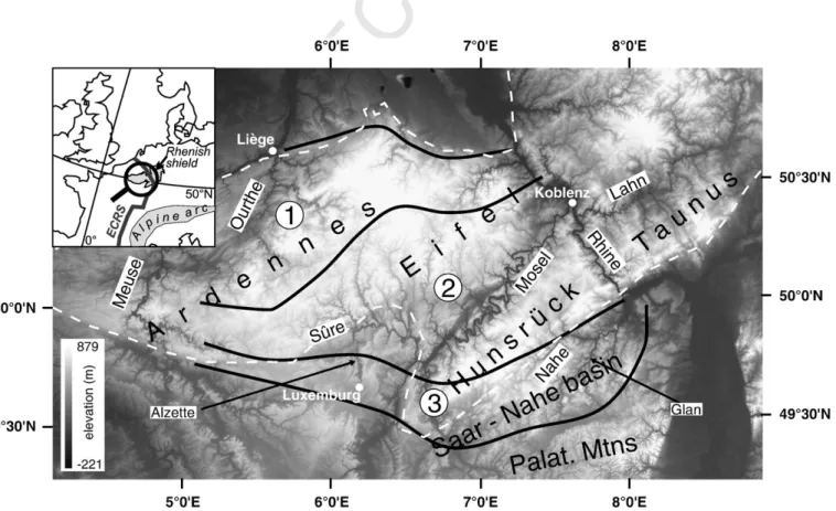 Fig. 1. Digital elevation model of the study area locating the three subareas of different uplift age (younger from 3 to 1) and the rivers named in the text (the elevation scale extends down to minus 221 m because of the presence of the opencast mine of Ha