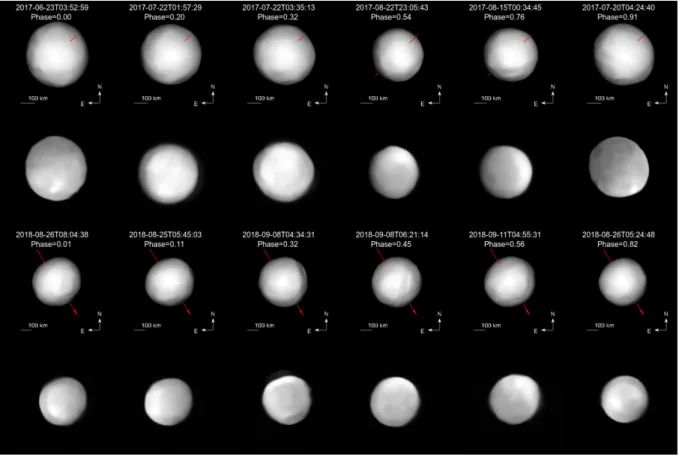 Figure  2:  Comparison  between  the  deconvolved  images  of  Hygiea  (bottom  panels)  and  the  corresponding  shape  model  projections  (top  panels)