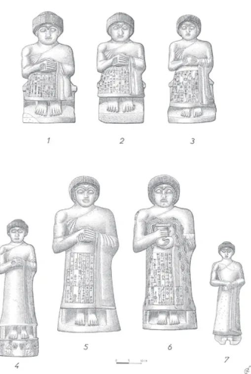 Fig. 4 : Planche montrant de haut en bas et de gauche à droite quelques statues de Gudea