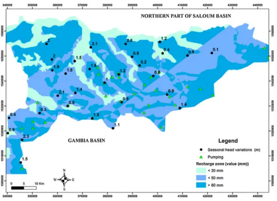 Fig. 5. Recharge map and punctual observed seasonal changes in piezometric heads.