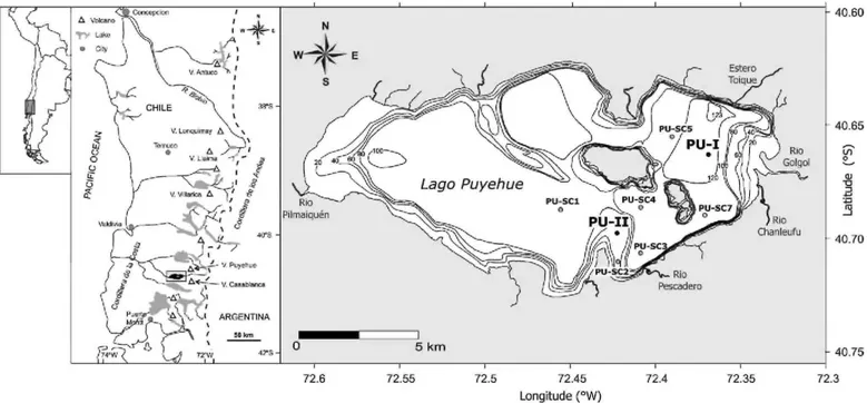 Figure 1: Location of Lago Puyehue among the Chilean Lake District. Short cores collection sites are indicated  on the bathymetric map of Lago Puyehue (Campos et al., 1989)