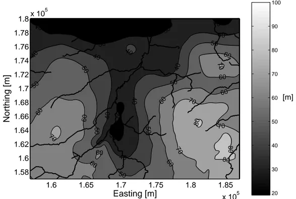 Figure 4. Prediction of the water table using ordinary kriging. The colormap convention is the same as in Fig