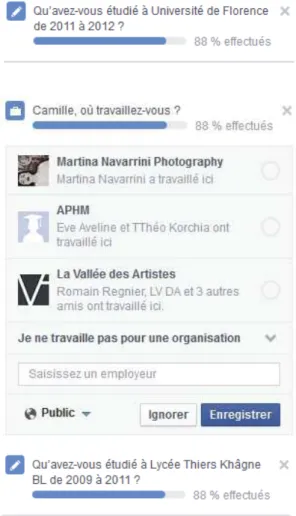 Figure 3 : capture d’écran des questions posées par  Facebook à l’utilisateur sur sa page de profil 