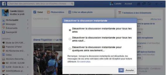 Figure 10 : capture d’écran des paramétres proposés par facebook pour que l’utilisateur puisse se   mettre « hors-ligne » 