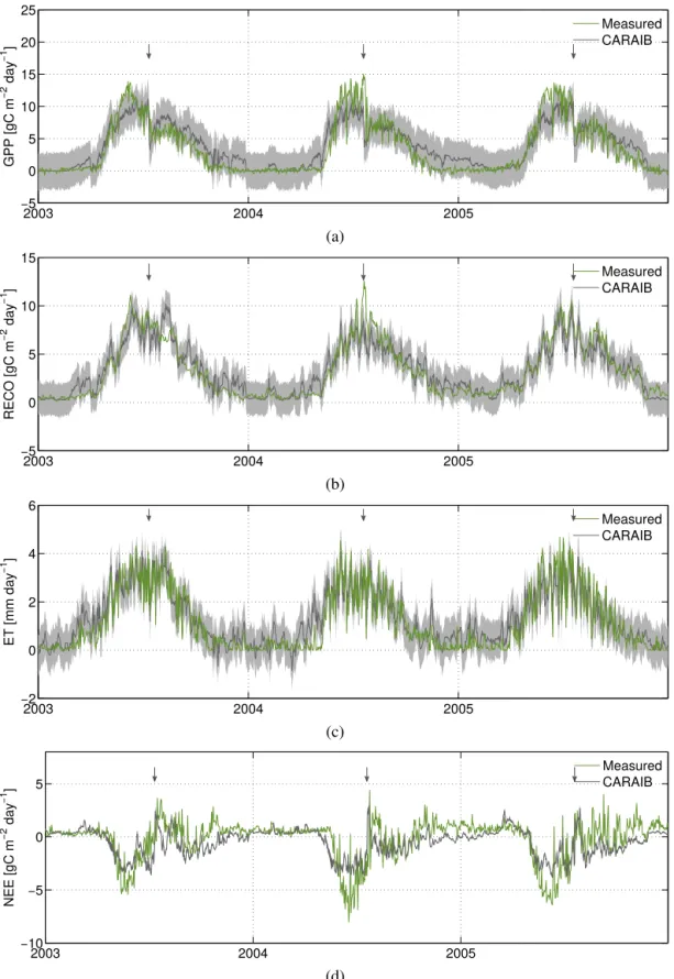 Figure 3. Measured and modelled GPP (g C m −2 day −1 ) (a), RECO (g C m −2 day −1 ) (b), ET (mm day −1 ) (c) and NEE (g C m −2 day −1 ) (d) at the Monte Bondone site for the inferred homoscedastic error model (inversion HO2)