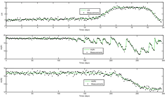 Fig. 1. Simulated LSM data used in estimation: state variables ( {|}  leaf area  index,  ~   volumetric  water  content  of  the  layer  1;  ~   volumetric  water content of the layer 2)