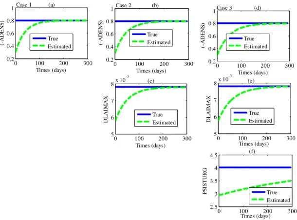 Figure 5.  Estimation of the LSM model parameters using EKF for all cases - case 1 (ADENS, a),  case 2: (ADENS, b and DLAIMAX, c), case 3: (ADENS, d; DLAIMAX, e; PSISTURG, e)