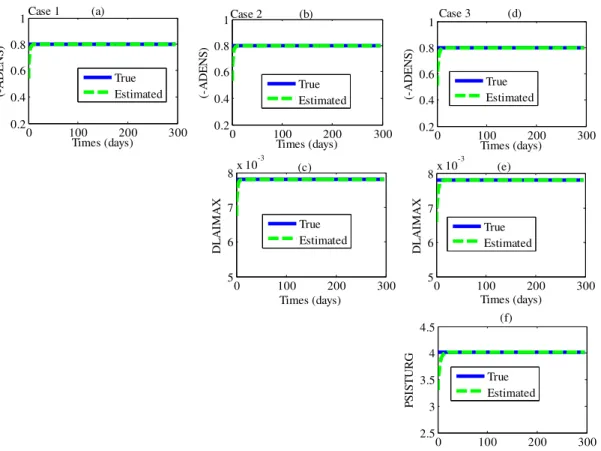 Figure 6.  Estimation of the LSM model parameters using PF for all cases - case 1 (ADENS, a),  case 2: (ADENS, b and DLAIMAX, c), case 3: (ADENS, d; DLAIMAX, e; PSISTURG, e)
